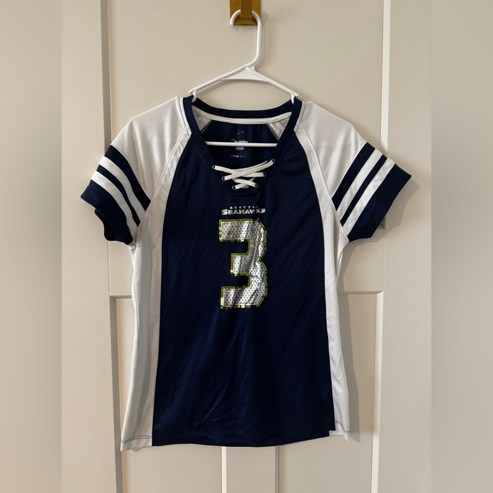 Navy and White Sports Jersey with Number 3 Seattle Seahawks Wilson medium